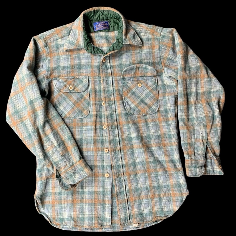 Vintage Pendleton Flannel Shirt Long Sleeve Plaid Green Orange Wool Mens Medium